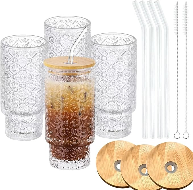 Vintage Glass Cups with Bamboo Lids and Straws–4Sets 11oz Iced Coffee Cups for Women, Aesthetic... | Amazon (US)