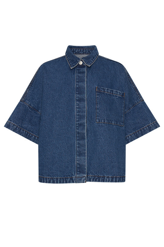 Short Sleeve Oversized Denim Shirt In Mid Blue | Bohemian Traders