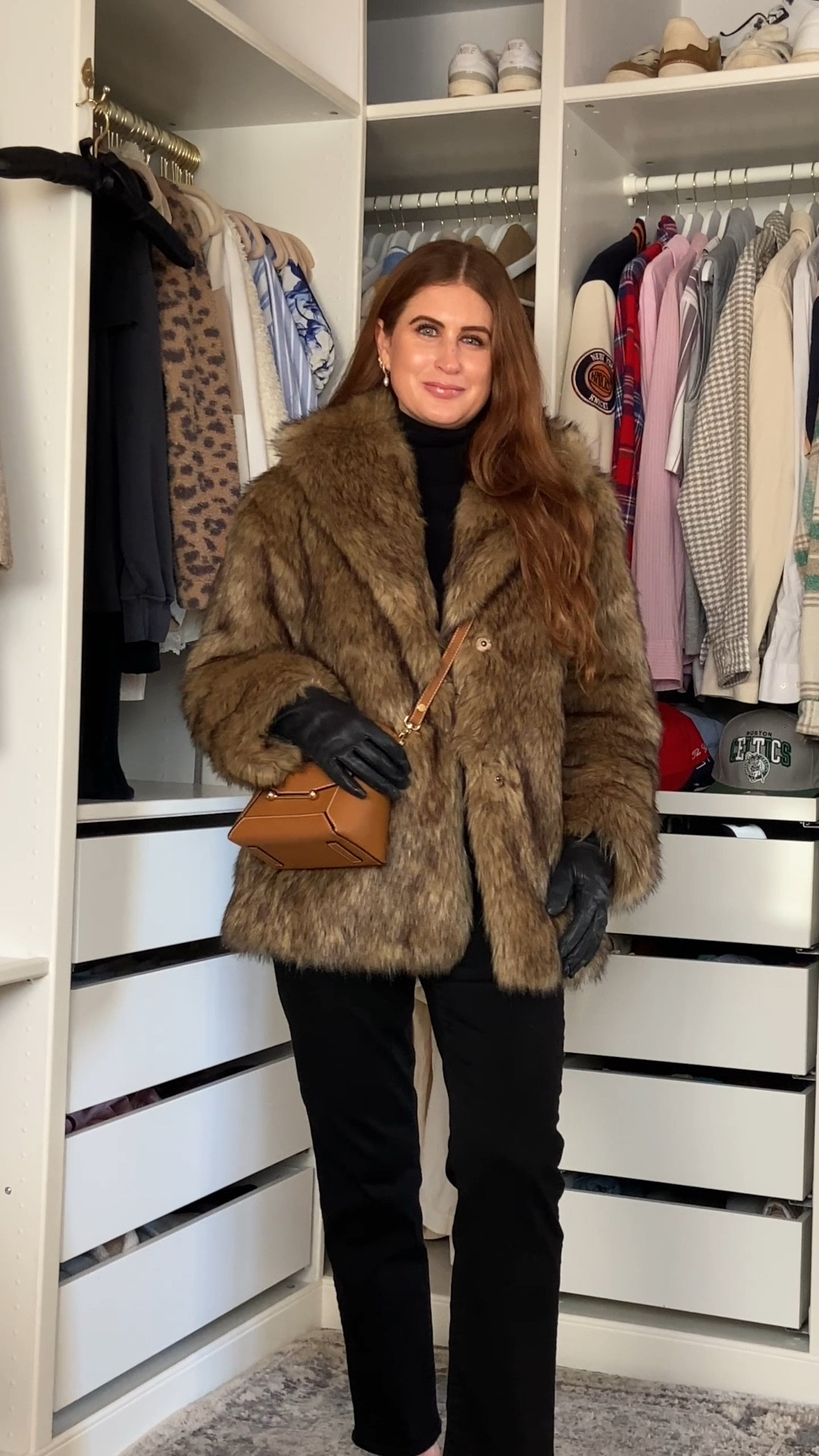 Faux Fur Coat Outfit Idea - Christmas Shopping with the Girls 🎁👯‍♀️  Black straight-leg jeans, black roll neck, black belt, black pointy ankle boots, tan bag & leather gloves.  I’ve linked similar affordable styles so you can recreate that same polished, winter-luxe feel. Fur coat, fur jacket, winter outfit ideas 

#LTKuk #LTKwinter #LTKCyberWeek