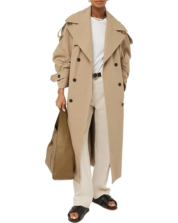 Farktop Womens Oversized Long Trench Coat Double Breasted Lapel Windproof Overcoat with Belt | Amazon (US)