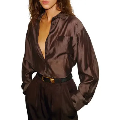 Reformation Eli Oversized Shirt in Sheer Brown at Nordstrom, Size Large | Nordstrom