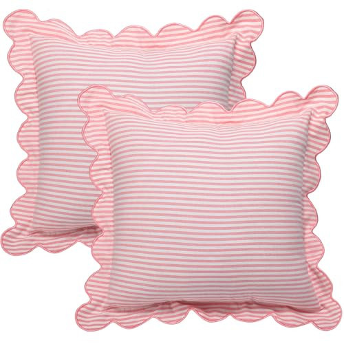 Newwiee 2 Pack Scalloped Pink Pillow Cover 18 x 18 Inch Pink Stripe Throw Pillow Cover Cotton Decorative Pillowcase for Women Men Couch Living Room Cushion Indoor Outdoor Decoration | Amazon (US)