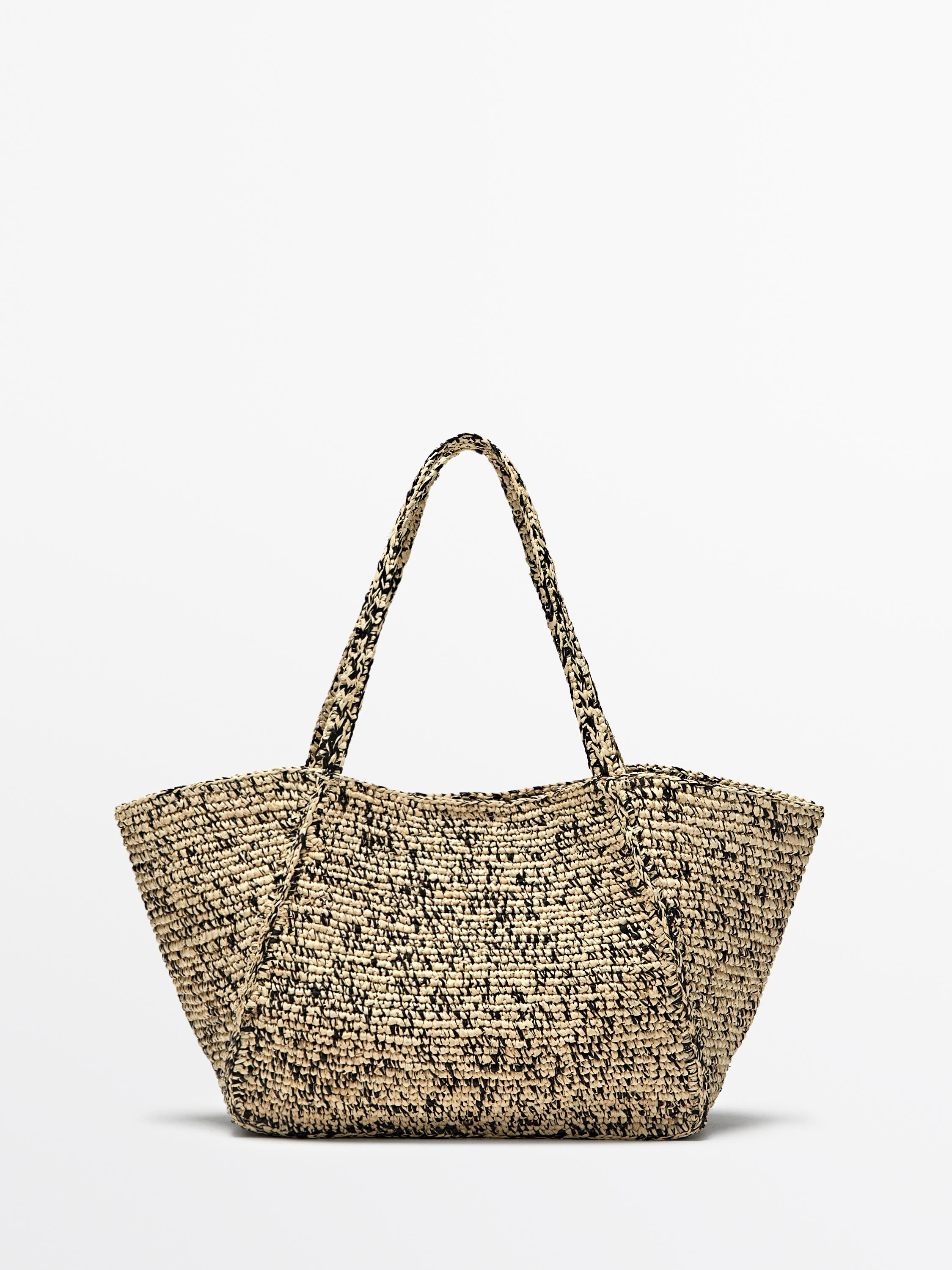100% raffia mid-sized tote bag | Massimo Dutti UK