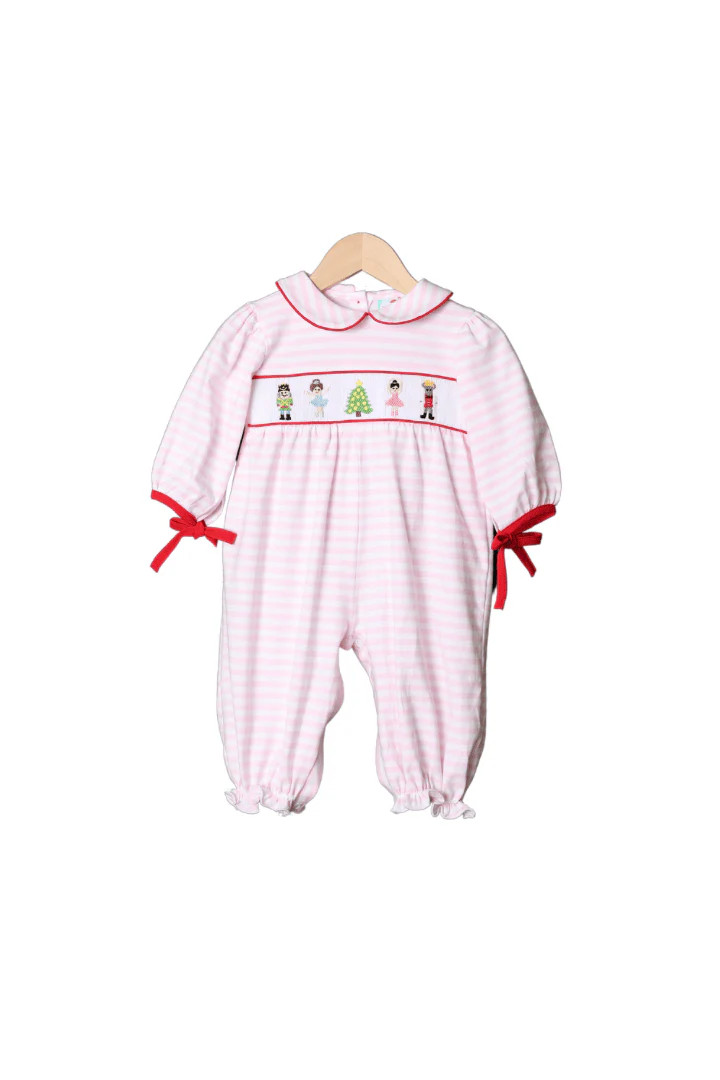 Smocked Nutcracker Ballet Pink Stripe Romper | The Smocked Flamingo