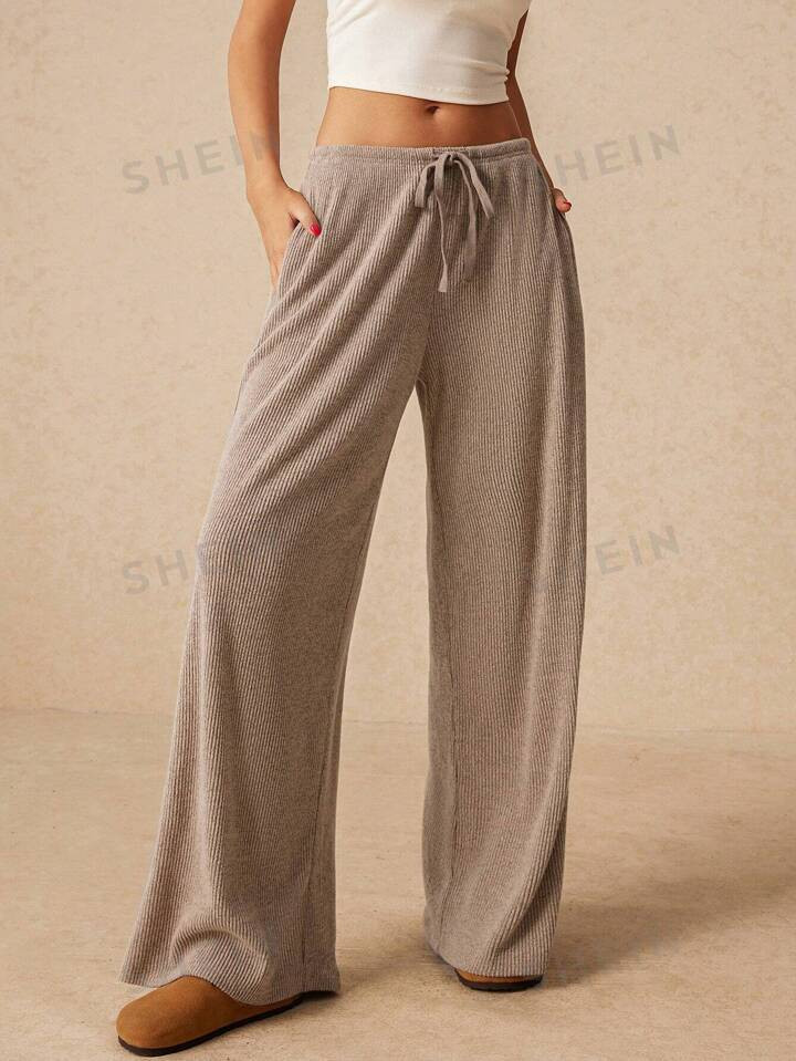 Poéselle Fall Women's Clothing, Wide Leg Sweatpants, Khaki, Low Rise Pants, Comfortable Pants, C... | SHEIN