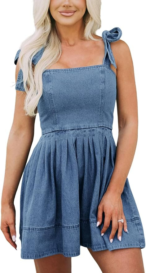 Women's Summer Tie Shoulder Sleeveless Denim Mini Dress Casual Flowy Swing Pleated Short Denim Dr... | Amazon (US)