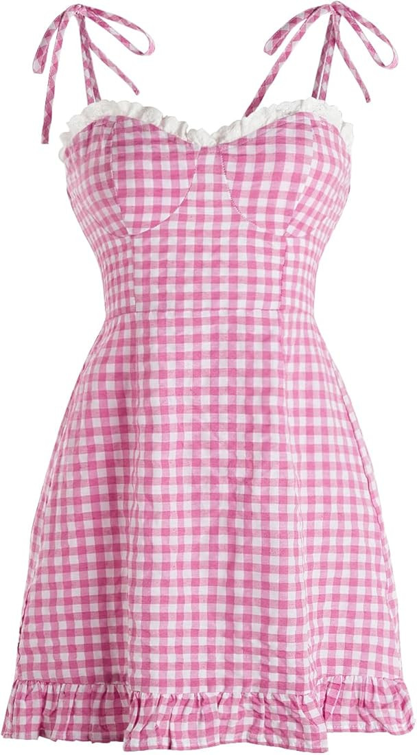 Floerns Women's Gingham Print tie Shoulder Sleeveless Ruffle Hem cami Dress | Amazon (US)