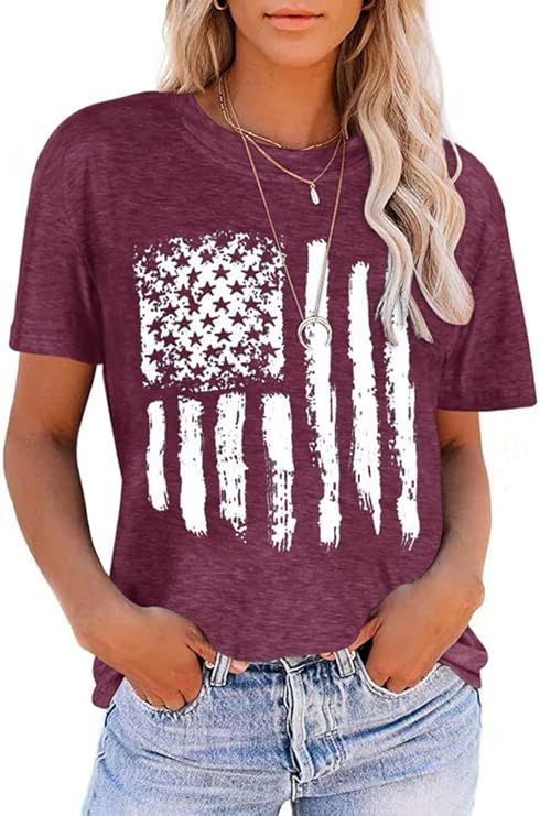 YLISA Women's American Flag Shirt Casual Fouth of July Print T-Shirts Summer Loose Patriotic Tee ... | Amazon (US)