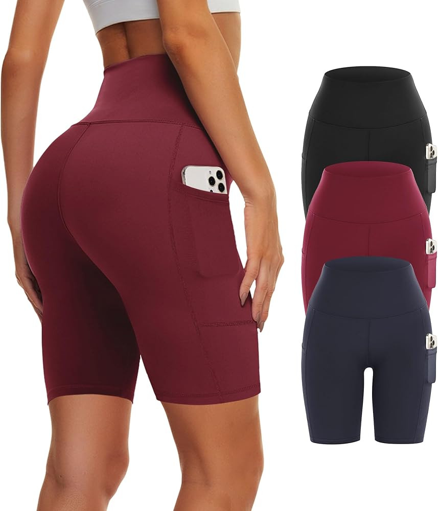 Showitty 3 Pack Biker Yoga Shorts with Pockets for Women, High Waist Tummy Control Workout Runnin... | Amazon (US)