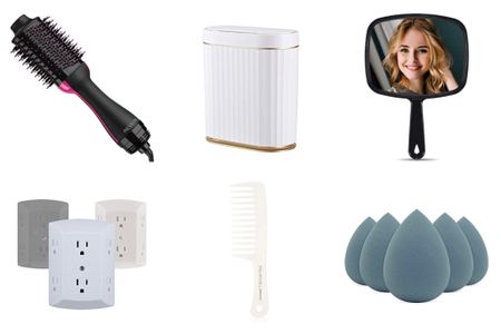 Bathroom purchases from Amazon, hot air brush, beauty blenders, slim trash can, hand held mirror, comb

#LTKhome #LTKbeauty