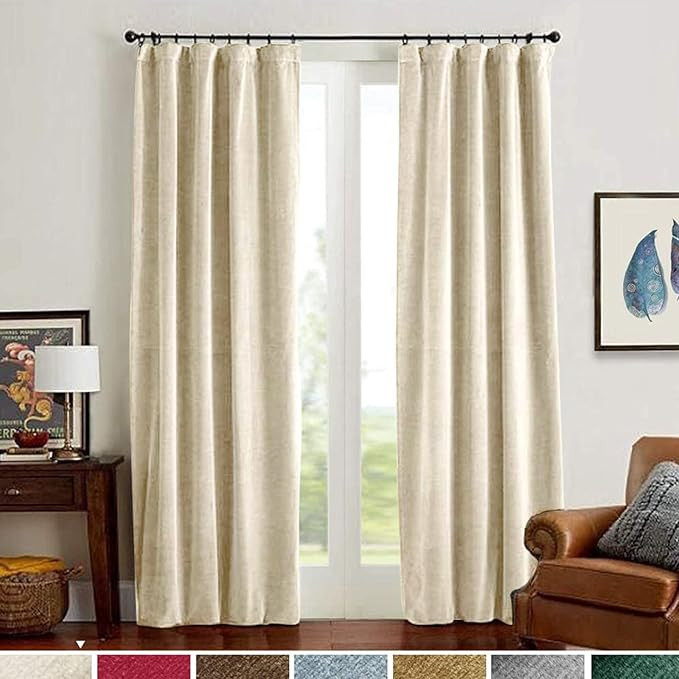 Lazzzy Beige Velvet Curtains Thermal Insulated Curtains 96 Inch Long Room Darkening Heavy Duty So... | Amazon (US)
