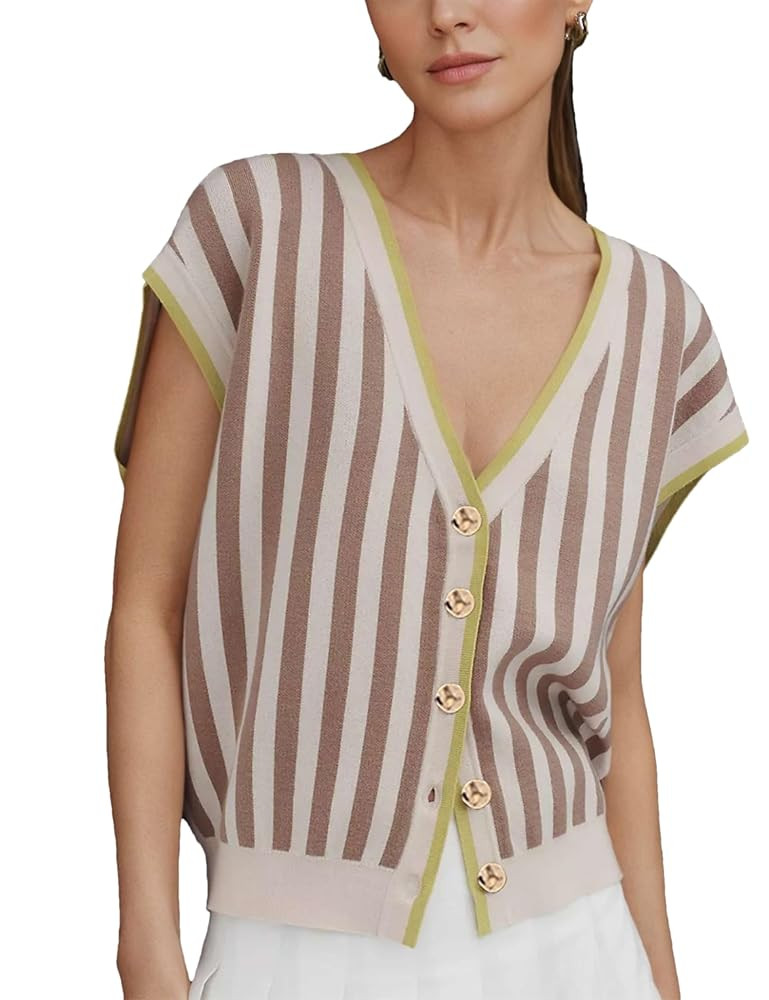 HangNiFang Womens Summer Knit Cardigan Vest V Neck Cap Sleeve Golden Button Sweater Tops | Amazon (US)