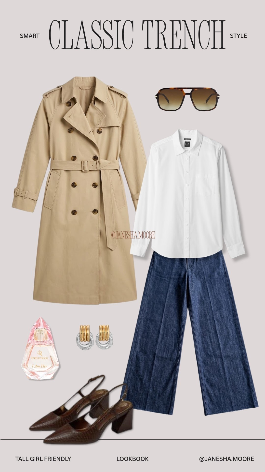 Smart Classic Trench Style | Love this look! Essential items with a twist 😍✨ I am 5’9 | 200 lbs wearing a size 8 in the trench (also comes in black and is on SALE) wearing a large in the white button down 😍 (use JANESHA15 for $$ off!) and size 31 tall in the jeans! 

#LTKWorkWear #LTKMidsize #LTKStyleTip