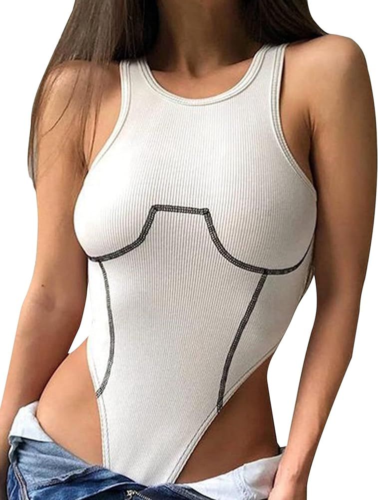ForeFair Women's Bodysuit Tank Tops Sexy Sleeveless Crew Neck Racer Back Thong Bodysuit | Amazon (US)