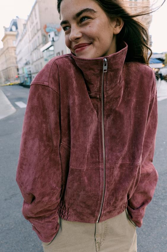 Zara - 100% Leather High Neck Bomber Jacket - Marsala - L - Woman | Zara US