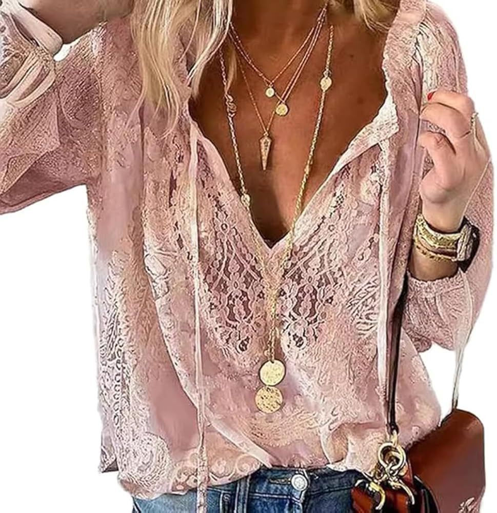 Lace Tops for Women Long Sleeve Tie Front Tops V Neck Floral Lace Crochet Blouse Shirts Hollow Ou... | Amazon (US)