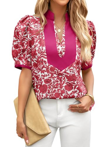 Cicy Bell Womens Floral Short Puff Sleeve Tops V Neck Patchwork Boho Summer Blouses Dressy Casual... | Amazon (US)