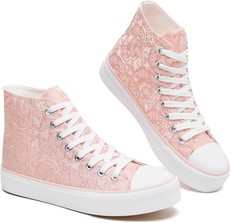 BENPAO Women's High Top Canvas Sneakers, Floral Embroidered Fashion Tennis Shoes - White Breathab... | Amazon (US)