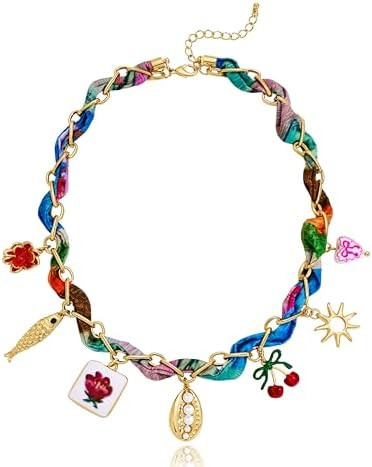 LILIE&WHITE Gold Charms Necklace for Women Bandana Necklace with Colorful Charms Necklaces Beach ... | Amazon (US)