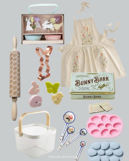 Easter basket gift ideas and spring gift guide - baking, copper bunny cookie cutter, floral embroidered apron, pie crust cutters bunny egg butterfly and chick, floral measuring spoons, silicone egg molds (make your own chocolate peanut butter cups!), wire basket (set of 2, cute to put easter gifts in and they can use for kitchen storage after!), bunny bark, egg rolling pin, cupcake toppers 

#LTKGiftGuide #LTKunder50 #LTKSeasonal