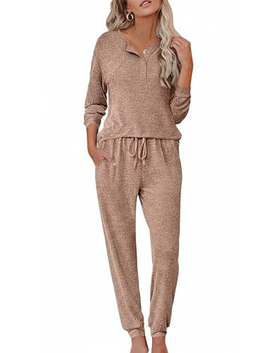 Ekouaer Womens Pajama Sets Long Sleeve Lounge Set 2 Piece Pj Sets for Women Henley Neck Casual Sleepwear Loungewear Brown, L | Amazon (US)