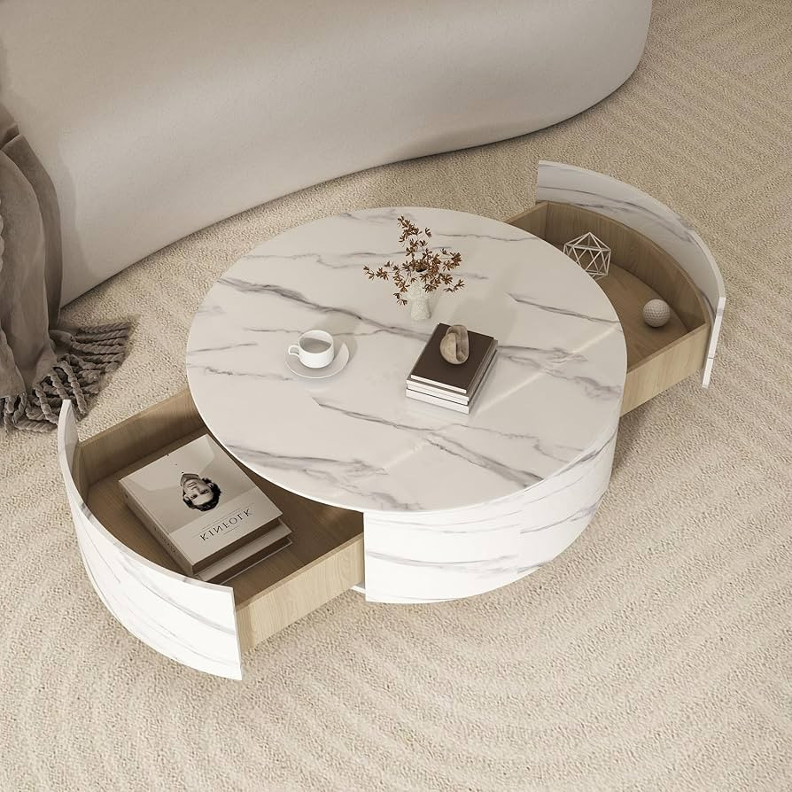 33.47" Round Marble Top Coffee Table with Drawers, Modern White Sintered Stone Drum Storage Coffe... | Amazon (US)