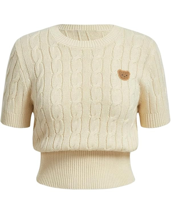 Verdusa Women's Cable Knit Pullovers Round Neck Short Sleeve Sweater Top | Amazon (US)
