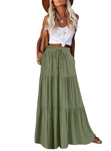 Women's Summer Boho Maxi Skirt A-Line Flowy Ruffle Tiered Elastic High Waist Beach Long Skirts wi... | Amazon (US)