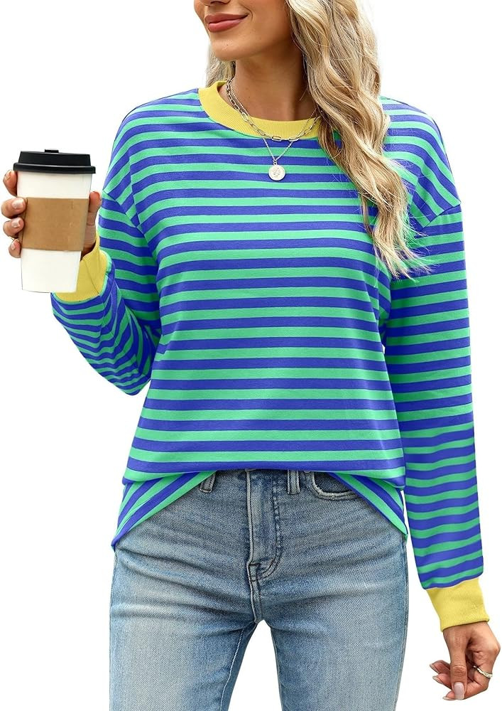 WIHOLL Womens Tunic Tops Long Sleeve Striped Shirts Crewneck Tops | Amazon (US)