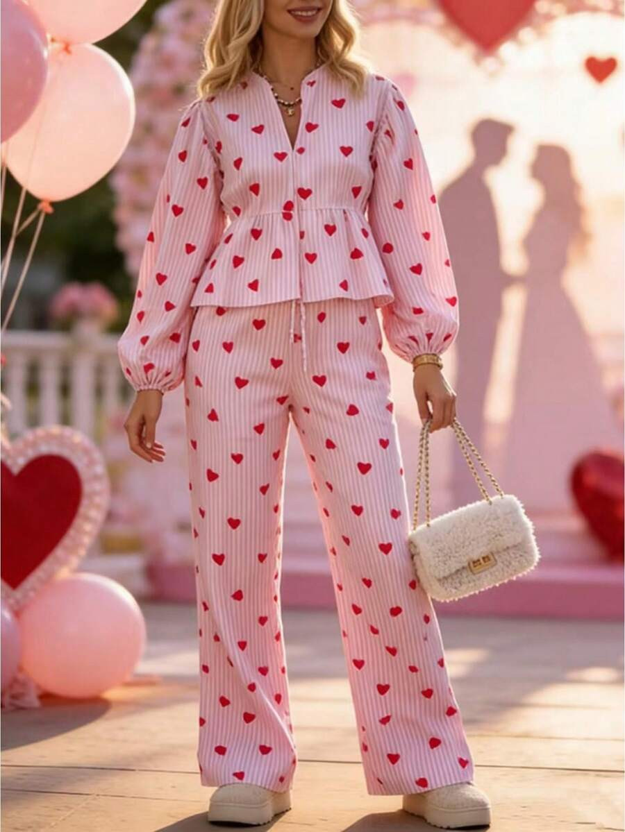 Women 2pcs Set - Elegant Long Sleeve Loose Shirt With High Waist Wide Pants For Valentineacute;S ... | SHEIN