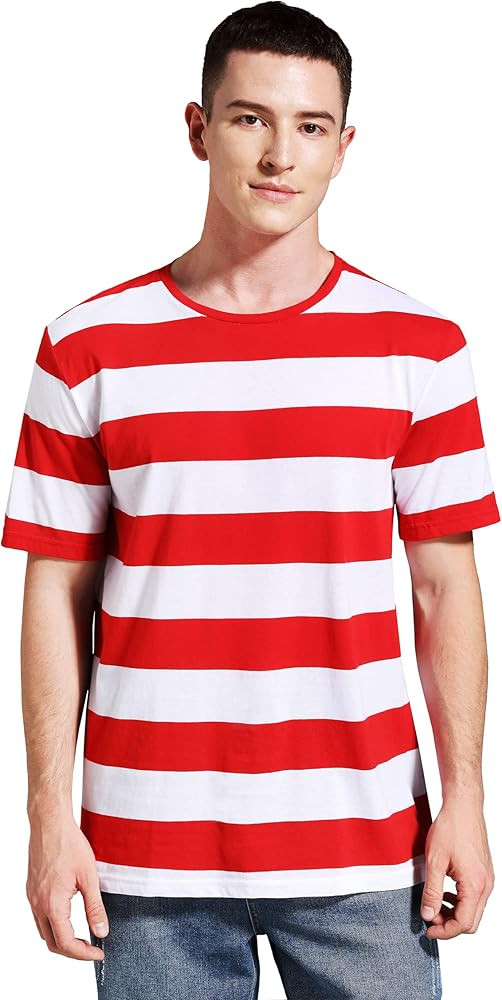 Mens Striped T-Shirts Wide Stripes Shirt Red White Blue and White Halloween Costume Tees | Amazon (US)