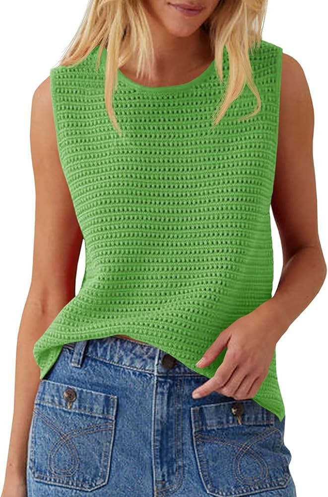 Saodimallsu Womens Crochet Tank Tops Summer Sleeveless Crew Neck Basic Mesh Knit Loose Pullover S... | Amazon (US)