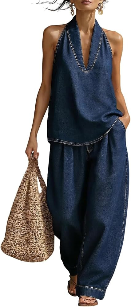 Women's 2 Piece Denim Outfits, Minimalist Halter Neck Top and High Waisted Wide Leg Pant Casual T... | Amazon (US)