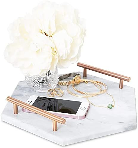 Hexagon Marble Tray with Gold Colored Handles for Bathroom Vanity Jewelry, Trinkets, Perfume (11.8 x | Amazon (US)