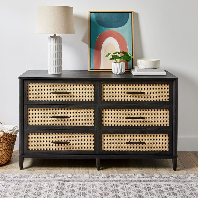 Better Homes & Gardens Springwood Caning 6-Drawer Dresser, Charcoal Finish | Walmart (US)