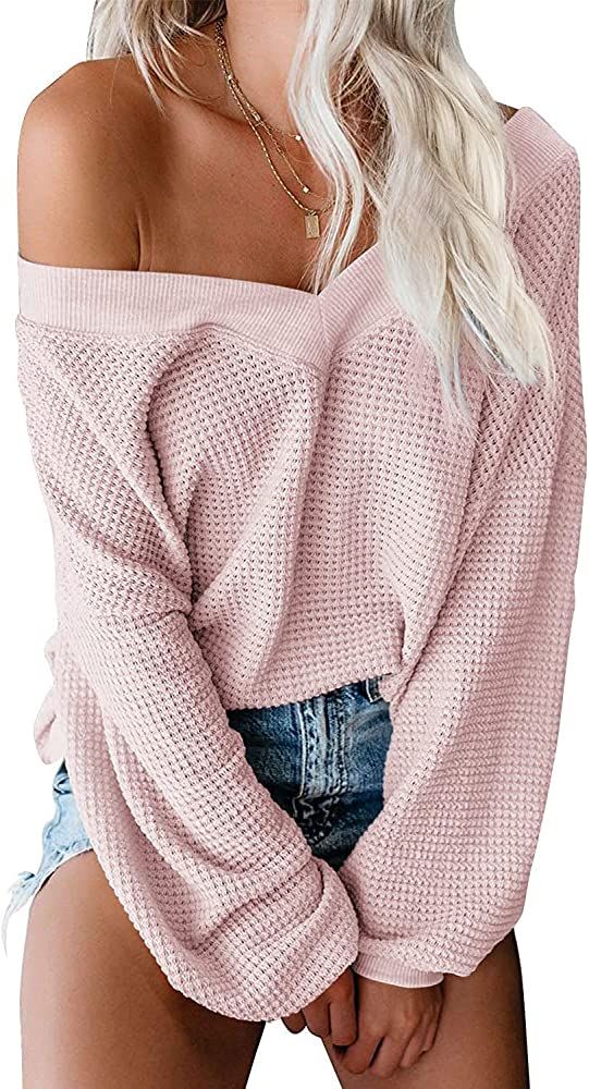 ReachMe Womens Oversized Off The Shoulder Tops Long Sleeve Waffle Knit Shirt V Neck Pullover Sweater | Amazon (US)