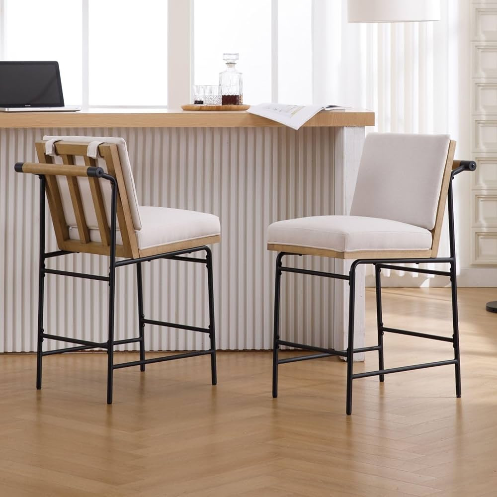 LukeAlon Linen Counter Stools Set of 2, Modern Upholstered 26" Seat Height Bar Stools with Rear H... | Amazon (US)