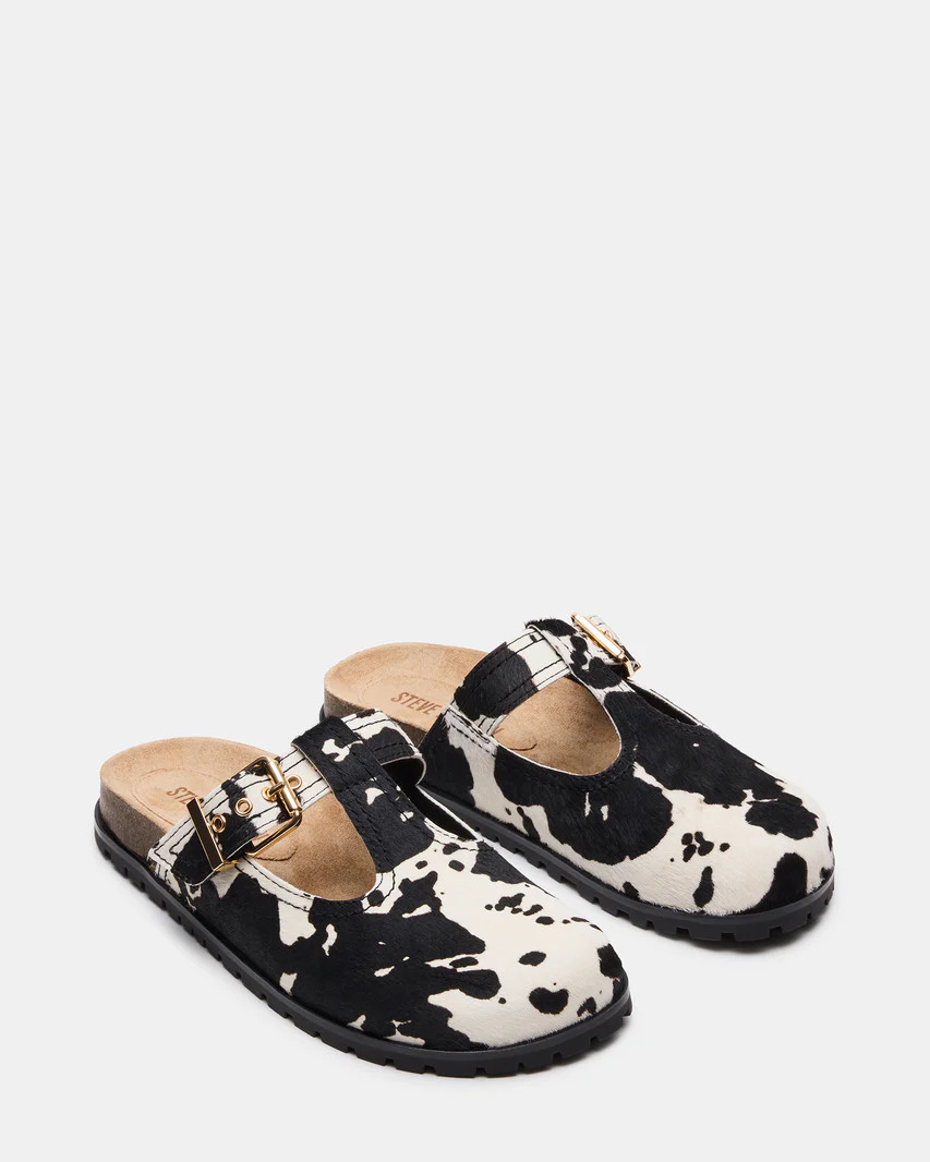 ATTICUS Black Cow Print Women's Mule Clog Flat | Steve Madden (US)