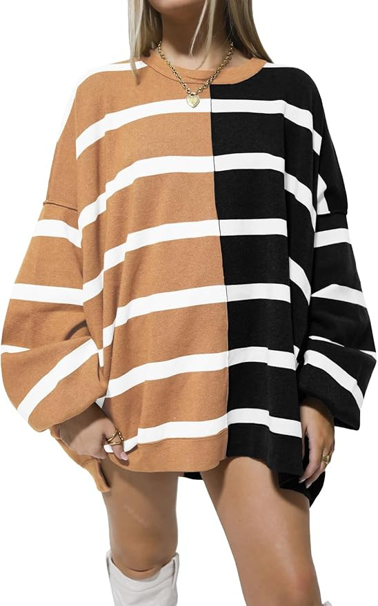 Fisoew Womens Striped Pullover Sweater Crew Neck Long Sleeve Knitted Color Block Casual Loose Lig... | Amazon (US)