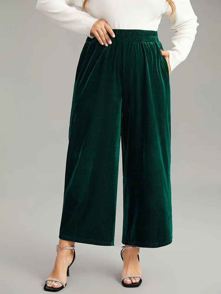 Solid Textured Velvet Elastic Waist Gathered Pants | Bloomchic