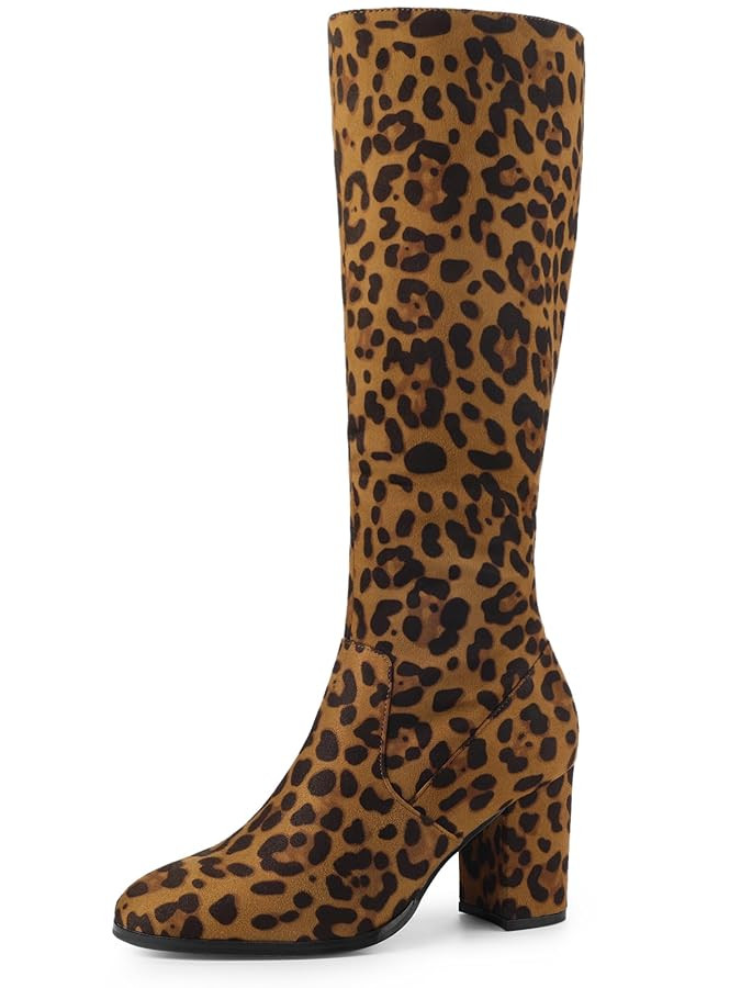 Perphy Round Toe Chunky Heels Leopard Knee High Boots for Women 6 m US | Amazon (US)