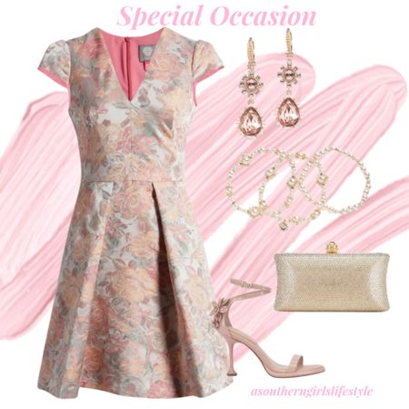 Special Occasion Outfit - Wedding Guest, Graduation .. an elevated event. 

Cap Sleeve Floral Jacquard Fit & Flare Dress (it’s on Sale), Pink Crystal Drop Earrings, Gold Tone Blush Pearl & Crystal Stretch Bracelet Set, Gold Encrusted Clutch & Blush Flower Embellished Patent Leather Sandals

Wedding Guest Dress. Summer Dress. Summer Outfit  

#LTKWedding #LTKStyleTip #LTKSeasonal