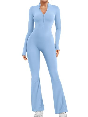 YEOREO Women Long Sleeve Flare Workout Jumpsuit Zip Up Romper Bottom Pants Wide Leg Bodysuit Bodycon Sexy One Piece Light Blue L | Amazon (US)