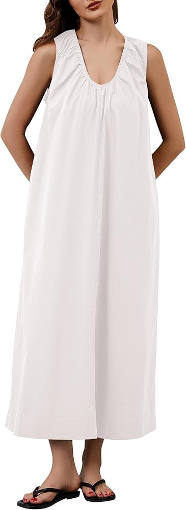 Livtany Women's Scoop Neck Ruched Maxi Dress Flowy Swing Wide Straps Long Dress Casual Sleeveless... | Amazon (US)