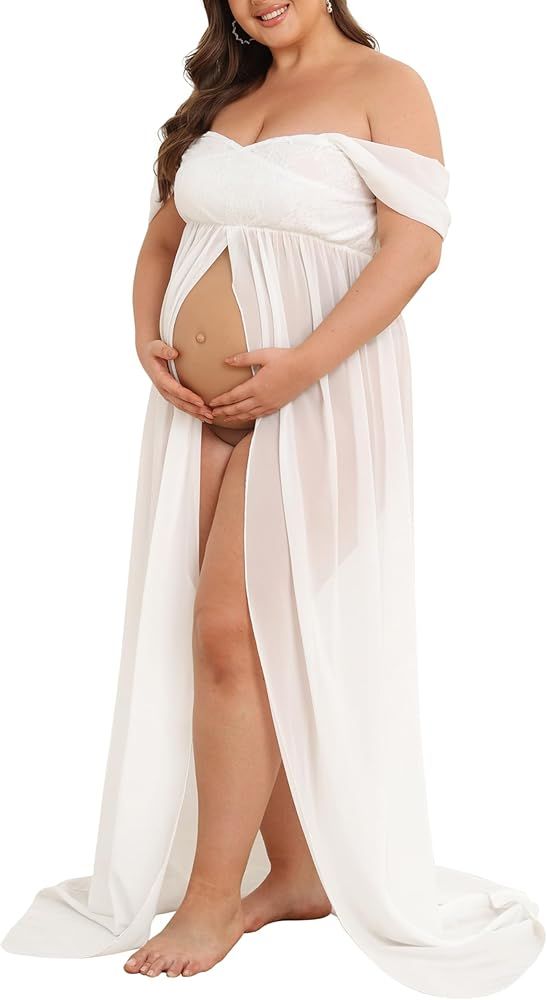 Maternity Dress for Photoshoot Off Shoulder Chiffon Gown Split Front Maxi Pregnancy Dresses for P... | Amazon (US)