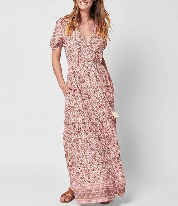 Orinda Floral Print Short Sleeve Tassel Belt A-Line Maxi Dress | Dillard's