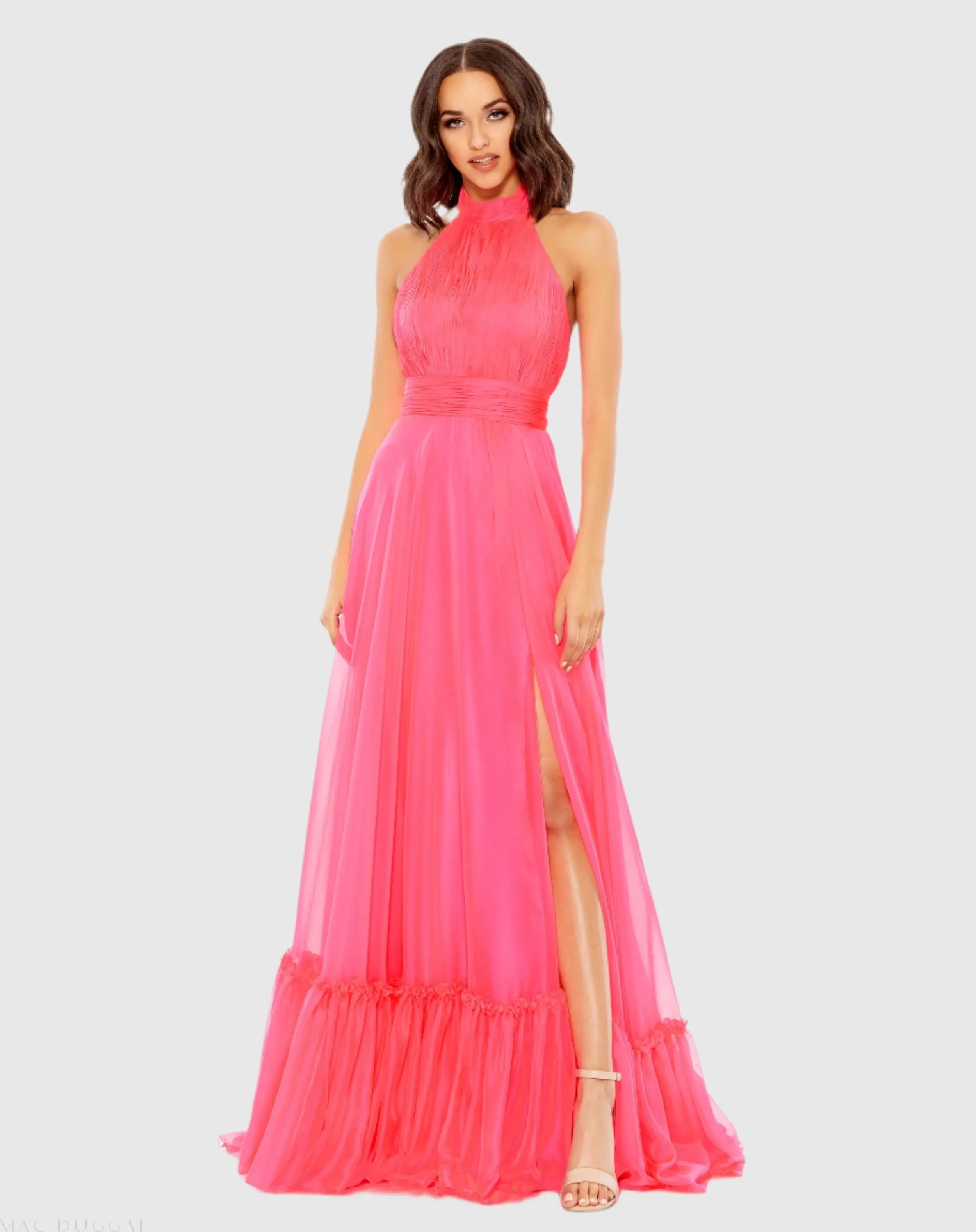 Pink High Neck Tiered Chiffon Halter Gown - Mac Duggal | Mac Duggal