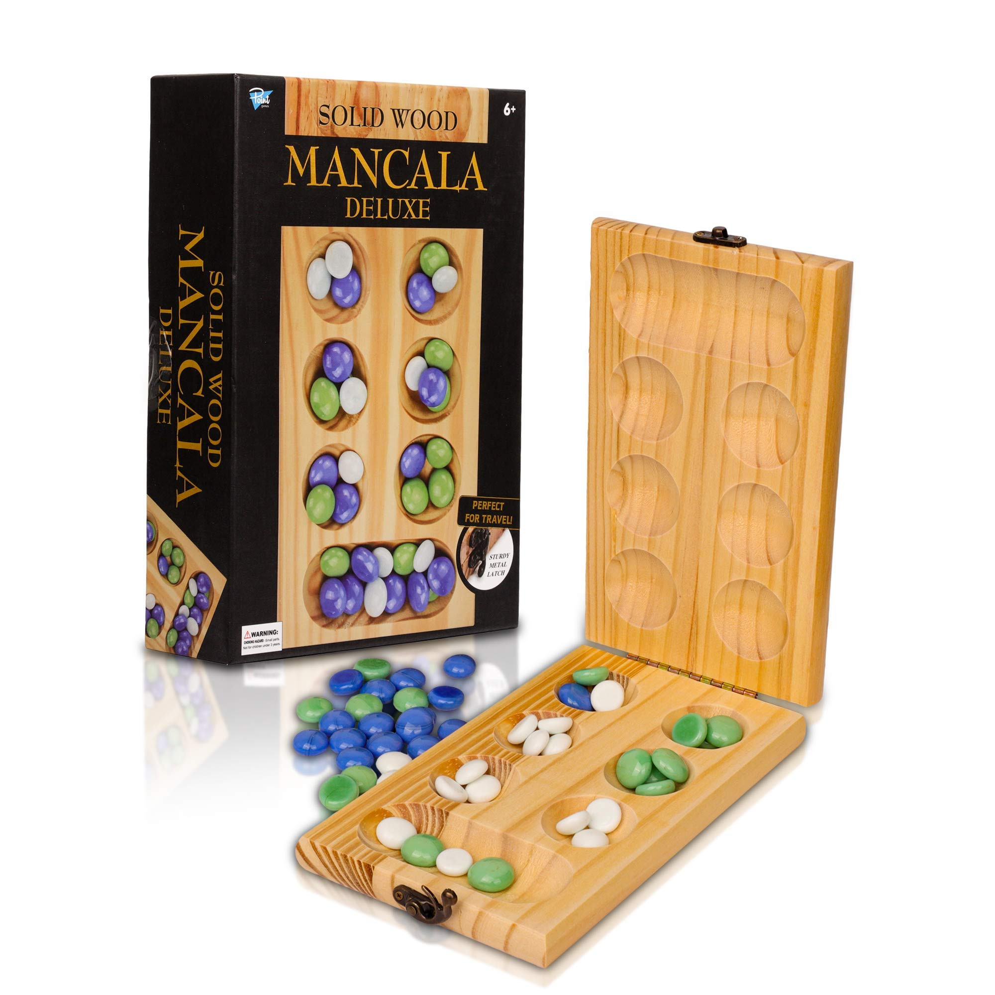 Point Games Solid Wood Deluxe Mancala - Folding Board Game w Metal Latch and Glass Marbles- Porta... | Amazon (US)