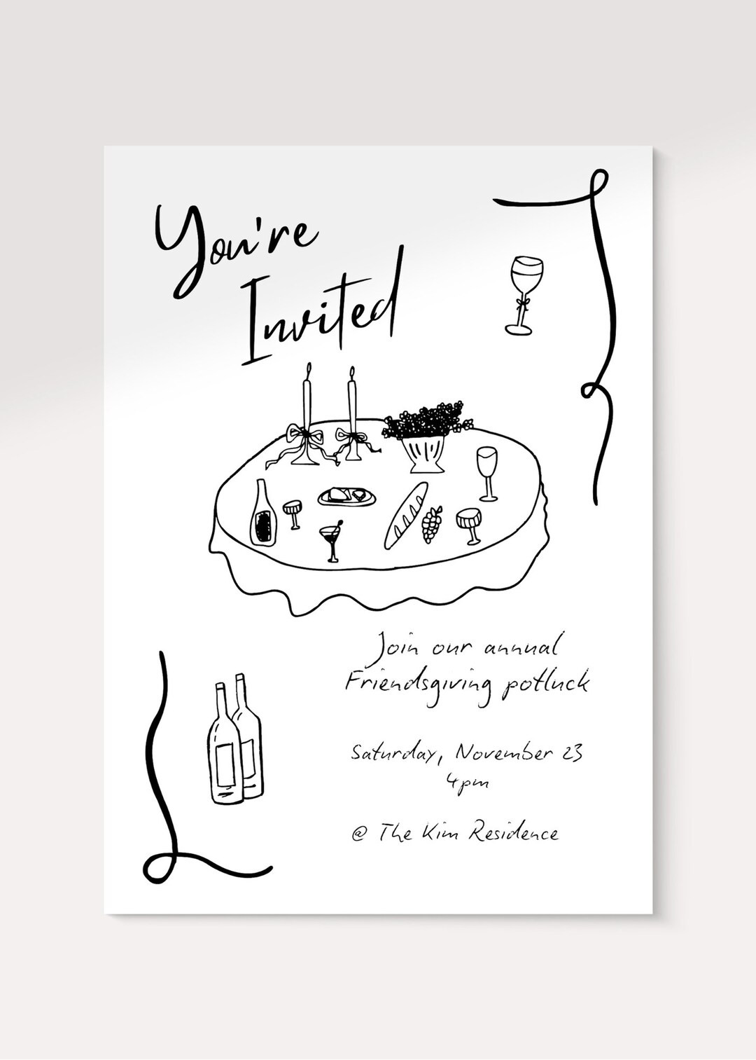 Friendsgiving Invite Digital Use & Print Whimsical Handwritten Sketch Dinner Party Invitation for... | Etsy (US)