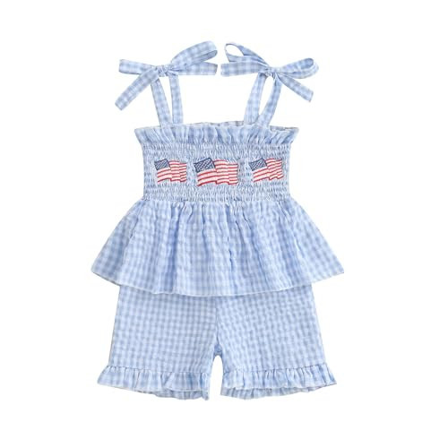 Rarjuiey 4th Fourth Of July Toddler Girl Outfit American Flag Romper Sleeveless One Piece Jumpsuit Smocked USA Outfits (American Flag Embroidered Blue, 18-24 Months) | Amazon (US)
